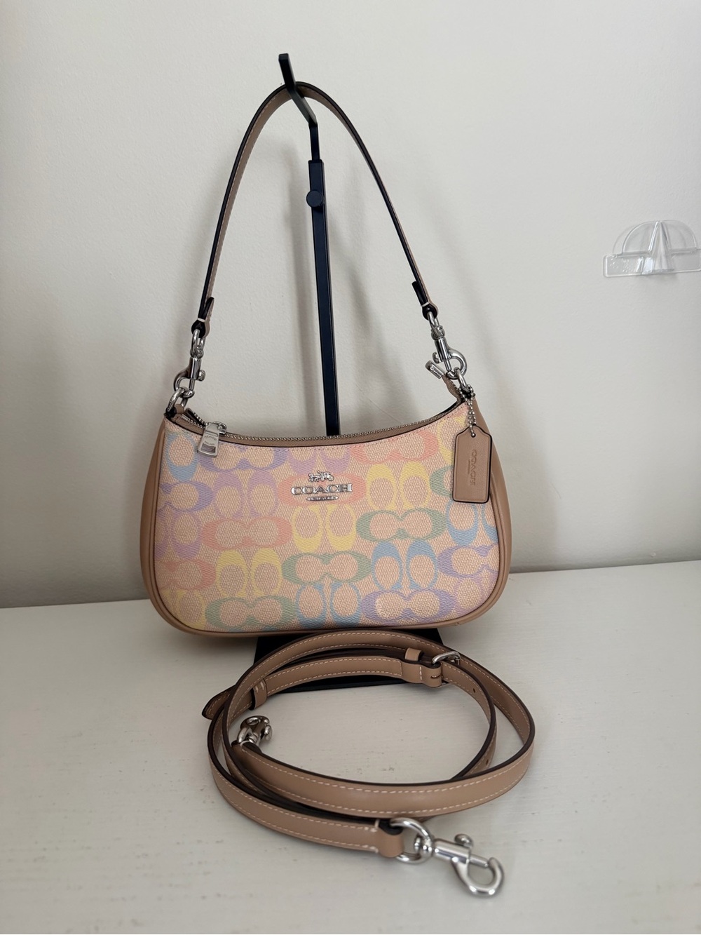 Coach Multicolor Pastel Signature Shoulder Bag with Tan Trim